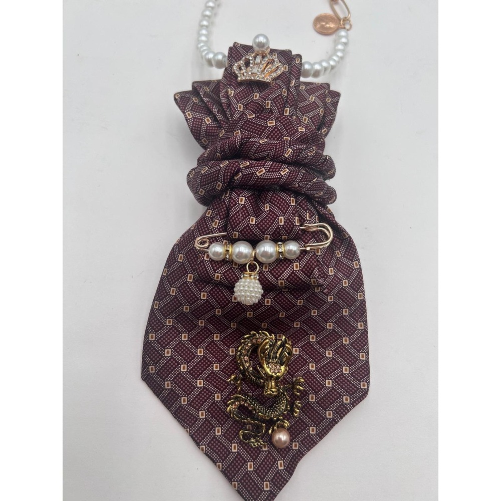 Handmade Statement Necktie Necklace Burgundy Dragon Crown Faux Pearl Embellished